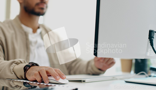 Image of Office laptop, hands and businessman typing feedback review of social media, customer experience or e commerce website. Data analytics, research report and media analyst doing online survey analysis