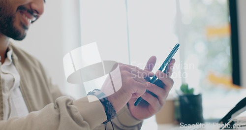 Image of Creative businessman, hands and phone in zoom for social media, communication or browsing at office desk. Happy male employee typing in online search and smile for text, post or startup on smartphone