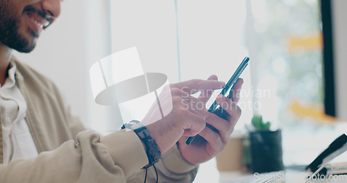 Image of Creative businessman, hands and phone in zoom for social media, communication or browsing at office desk. Happy male employee typing in online search and smile for text, post or startup on smartphone