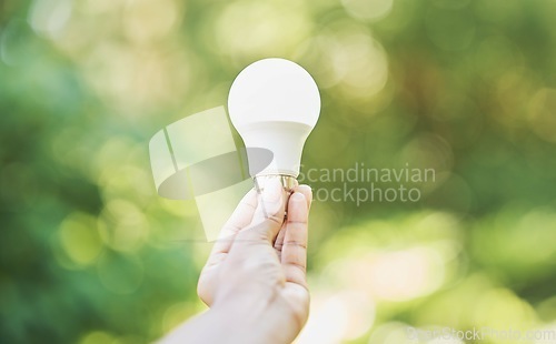 Image of Outdoor, renewable energy and hand with light bulb, green and power development for positive impact. Holding bulb, eco friendly and nature with carbon footprint, ideas for change and sustainability