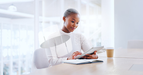 Image of Black woman, business tablet and company employee on office tech typing a work email. Black woman, marketing worker and digital social media scroll of a person working and reading internet data