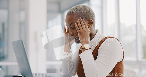 Image of Stress, burnout and headache of black woman on laptop typing email in office at marketing company. Anxiety, tired and migraine of employee frustrated thinking of professional online response.