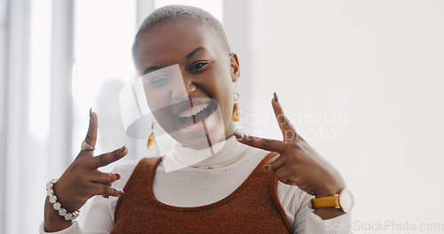 Image of Hands, peace and face of black woman in the office with happiness, success and leadership in corporate career. Business, mindset and female worker with peace sign for vision, goals and motivation