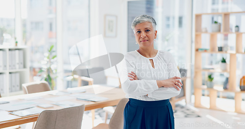 Image of Senior, ceo or face of a woman in leadership with pride, success or growth mindset in a office building. Portrait, mentor or executive manager with business experience, marketing knowledge or vision