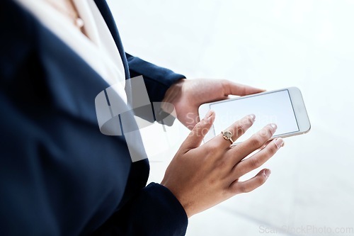 Image of Mockup, phone and hands of business woman texting, advertising and copy space on white background. Space, branding and smartphone screen with lady browsing, internet and search, app and website