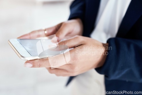 Image of Hands, phone screen and black woman in office with typing, communication and texting on chat app. Networking, smartphone and reading on iot ux, schedule or planning for start to morning in workplace