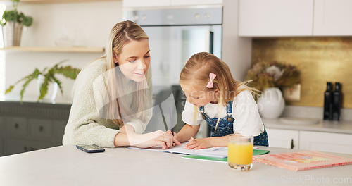 Image of Education, mother and girl writing in kitchen for school task, assignment or homework. Help, learning and mom with child teaching, explaining or helping kid in home in the morning with books on table