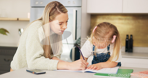 Image of Education, mother and learning child writing or drawing for kindergarten school homework or project in a house. Support, development and mama helping or working with a smart and creative girl student