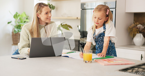 Image of Education, mother and girl writing in kitchen for school task, assignment or homework. Help, learning and mom with child teaching, explaining or helping kid in home in the morning with books on table