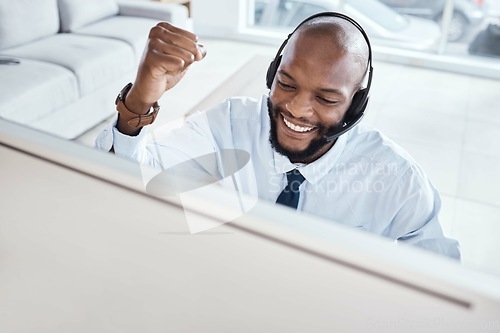 Image of Customer support computer, consulting celebration or happy man telemarketing on contact us CRM or African telecom. Call center fist pump, online ecommerce or excited information technology consultant