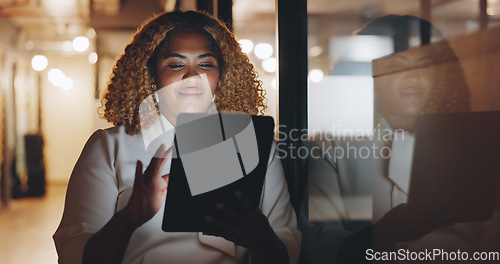 Image of Black woman with tablet for research, business and project management, planning and reading email at office. Digital report, networking and strategy with data analysis and scroll internet for ideas.