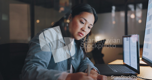 Image of Woman, writing and office in night, planning and focus at desk for strategy, target and kpi in marketing. Asian corporate executive, notebook and computer for vision, mission and schedule in Tokyo