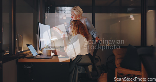 Image of Office, overtime and woman with manager at computer, coaching for worker on online project for digital marketing company. Teamwork, advice and support from management for girl working late at night.