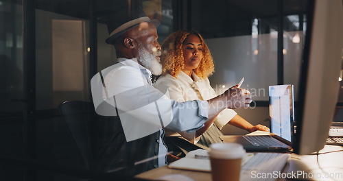 Image of Teamwork, overtime and advice, man and woman in office working on design project and sharing ideas. Late night research, teamwork and consulting, content marketing at designer brand company in Africa