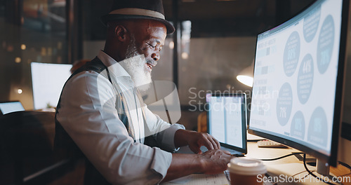 Image of Businessman, focus and computer, typing and working overtime, journalist writing article for newspaper. Office, night and professional at desk, computer screen and technology with deadline.