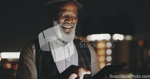 Image of Success, celebration and black man with phone on city rooftop at night. Winner, wow and surprised businessman fist pump with 5g tablet in town celebrating win, good news or financial goals