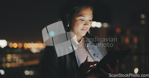 Image of Night balcony, tablet or city woman typing social network feedback, customer experience or e commerce. Brand monitoring data, website research or Asian media worker analysis of online survey review
