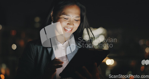 Image of Night balcony, tablet or city woman typing social network feedback, customer experience or e commerce. Brand monitoring data, website research or Asian media worker analysis of online survey review