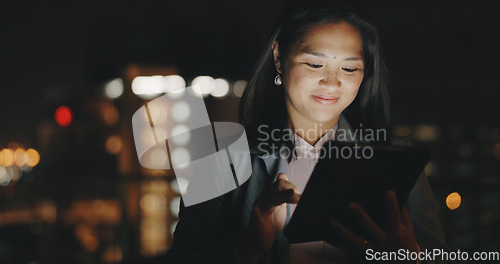 Image of Night balcony, tablet or city woman typing social network feedback, customer experience or e commerce. Brand monitoring data, website research or Asian media worker analysis of online survey review