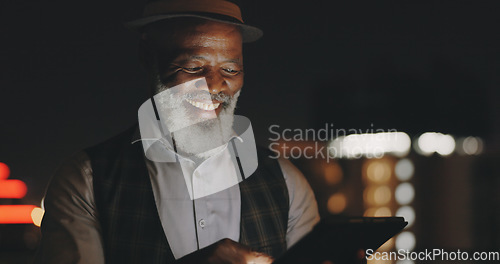 Image of Success, celebration and black man with phone on city rooftop at night. Winner, wow and surprised businessman fist pump with 5g tablet in town celebrating win, good news or financial goals