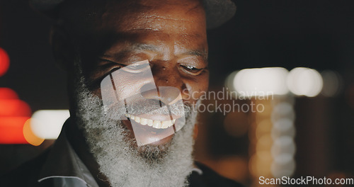 Image of Face, night and business man on city rooftop outdoors on break. Boss, ceo and portrait of happy male entrepreneur from Canada with vision, mission and success mindset in town alone after working late