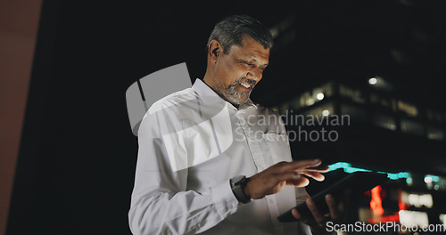 Image of Success, celebration and black man with phone on city rooftop at night. Winner, wow and surprised businessman fist pump with 5g tablet in town celebrating win, good news or financial goals