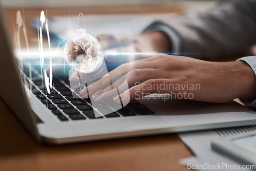 Image of Hands, laptop and 3D globe hologram for global communication or networking on office desk. Hand typing on futuristic computer tech for digital innovation, network or big data in social media on table