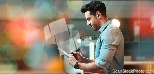 Image of Man, startup and writing with notebook, copy space and bokeh overlay for planning, thinking and ideas. Businessman, small business owner and notes for schedule, calendar and focus with mock up at job