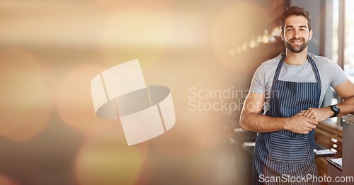 Image of Small business, cafe owner and portrait of man with mockup and confident smile in restaurant startup advertising. Success, happy manager or coffee shop barista with bokeh, apron and service mindset.