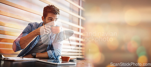 Image of Creative businessman, drinking coffee and mockup thinking for idea or vision at cafe on overlay and bokeh. Male freelancer wondering with cup of drink in thought for project plan, strategy or startup