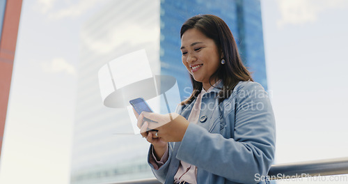 Image of Woman, takeaway coffee or phone in city on social media app, internet news or travel schedule in Singapore location. Happy smile, urban tourist or mobile communication technology with recycle tea cup