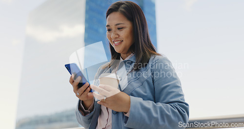 Image of Woman, takeaway coffee or phone in city on social media app, internet news or travel schedule in Singapore location. Happy smile, urban tourist or mobile communication technology with recycle tea cup