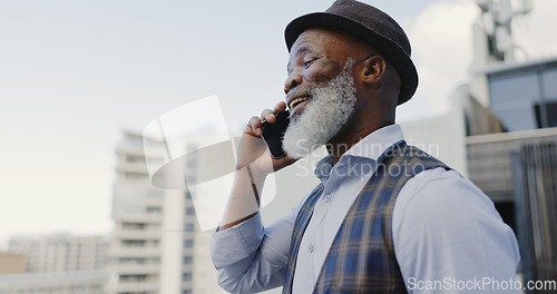 Image of Phone call, business and black man talking in city, laughing and chatting. Cellphone, communication and senior male on 5g mobile smartphone networking, discussion or comic conversation with contact.