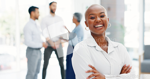 Image of Face of a business black woman proud and happy with company values, mission and inclusion culture in office. Workplace, corporate and smile of african employee or worker vision, goals and laughing