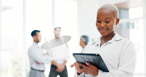 Image of Tablet, research and planning with a business black woman at work on an innovation idea in an office. Marketing, data or calendar with a female employee checking her schedule using an internet search