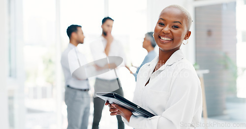 Image of Face, corporate and black woman with tablet, smile and digital marketing for sales growth, goals and workplace. Portrait, African American female employee or leader with happiness and online schedule