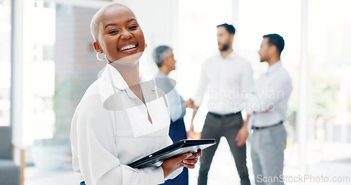 Image of Face, corporate and black woman with tablet, smile and digital marketing for sales growth, goals and workplace. Portrait, African American female employee or leader with happiness and online schedule