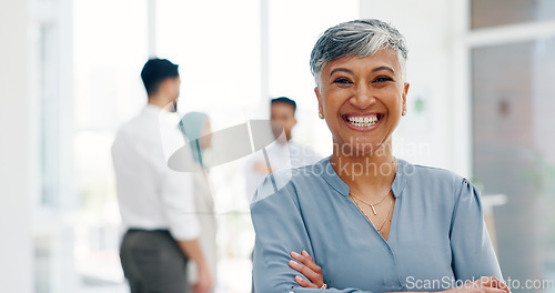 Image of Face of a senior business woman proud and happy with company values, mission and inclusion culture in office. Workplace, corporate and smile of manager, employee or worker vision, goals and laughing