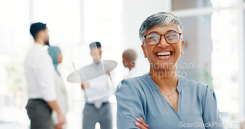 Image of Face of a senior business woman proud and happy with company values, mission and inclusion culture in office. Workplace, corporate and smile of manager, employee or worker vision, goals and laughing