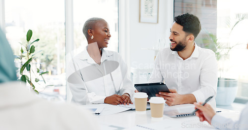 Image of Tablet, collaboration or business people high five in office for marketing strategy, web SEO growth or research success. Teamwork, diversity or happy on tech planning, social media or network blog