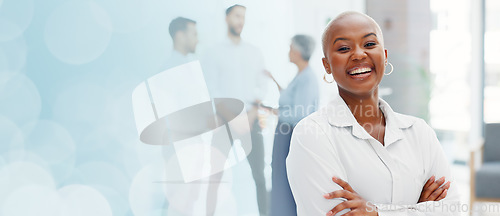 Image of Face of a business black woman proud and happy with company values, mission and inclusion culture in office. Workplace, corporate and smile of african employee or worker vision, goals and laughing