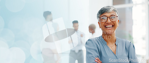 Image of Face of a senior business woman proud and happy with company values, mission and inclusion culture in office. Workplace, corporate and smile of manager, employee or worker vision, goals and laughing