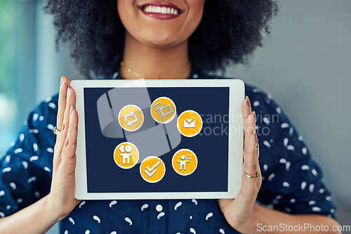 Image of Hands, tablet and social media icons on mockup for global communication, share or email in advertising. Hand of black woman holding touchscreen with software symbols on screen display for marketing