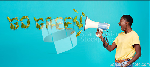 Image of Go green, protest and black man with megaphone, sustainability and against blue studio background. African American male, protester and activist with bullhorn, earth protection and global warming