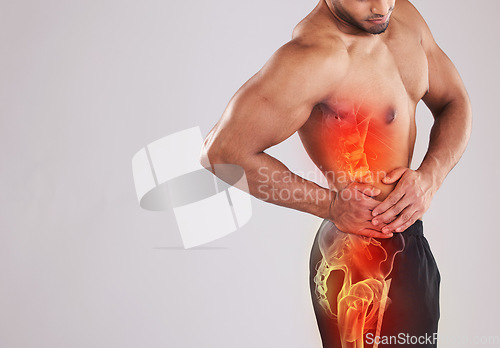 Image of Mockup, health and man with pain, side and fitness with muscle tension, inflammation and broken bone on grey studio background. Male, guy and athlete with injury, accident and emergency on backdrop