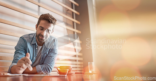 Image of Creative businessman, tablet and coffee with bokeh for marketing, advertising or social media at cafe. Male freelancer working on touchscreen for online networking, wifi or startup on overlay mockup