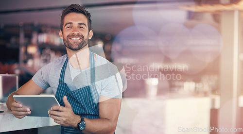 Image of Cafe barista man, tablet and copy space for portrait, mockup by bokeh for service, analysis or work. Small business owner, restaurant and focus with career vision, hospitality and smile for mock up