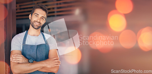 Image of Small business, coffee shop owner and portrait of man with mockup and confident smile in restaurant startup advertising. Success, happy manager or cafe barista with bokeh, apron and service mindset.
