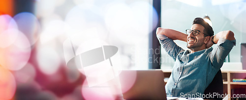 Image of Laptop, remote work and man relax in cafe after working on report, writing email and copywriting. Freelance mockup, business and happy male resting with relief finish, complete and done with project