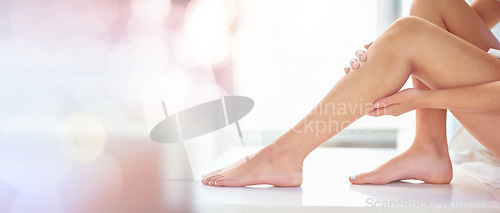 Image of Health, epilation and woman legs in a studio with a shaving, waxing or hair removal treatment. Wellness, depilation and female model with a body care moisturizing routine with mockup bokeh background